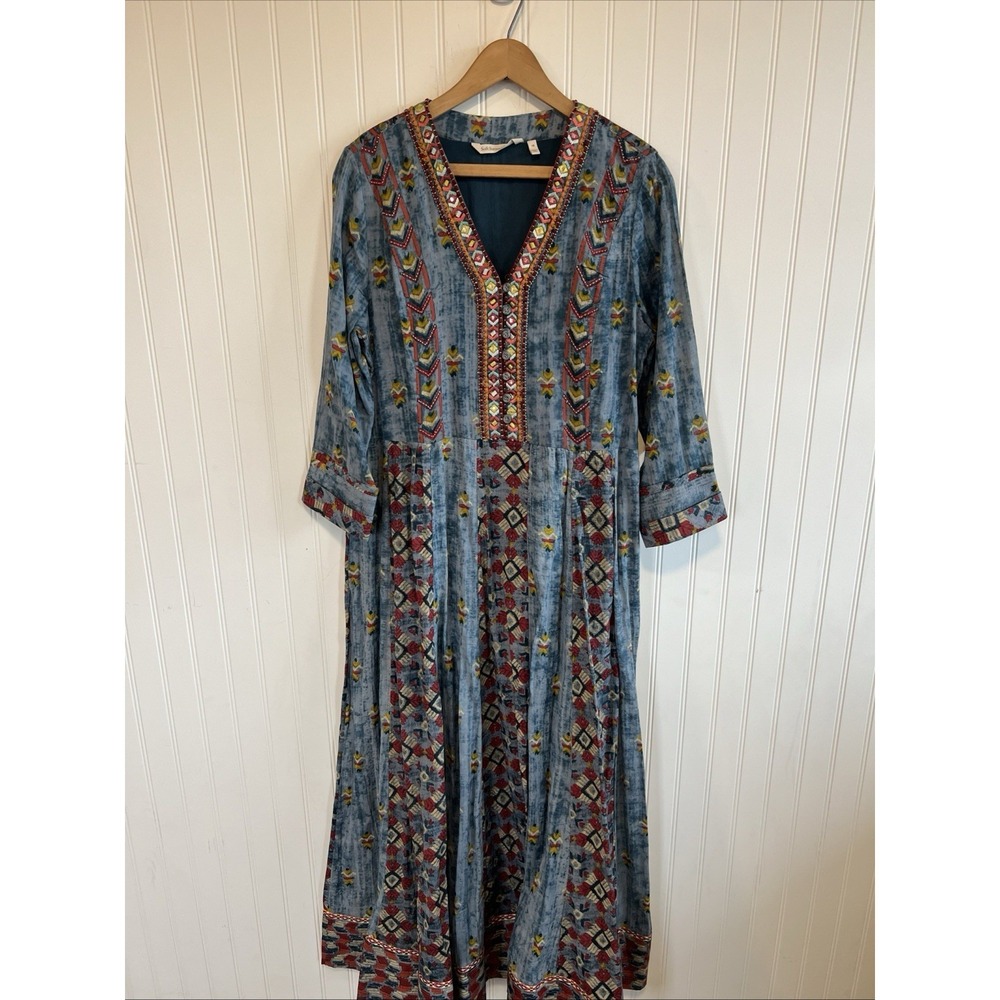 Soft Surroundings San Remo Blue Multi Maxi Dress with Embroidered V-Neck